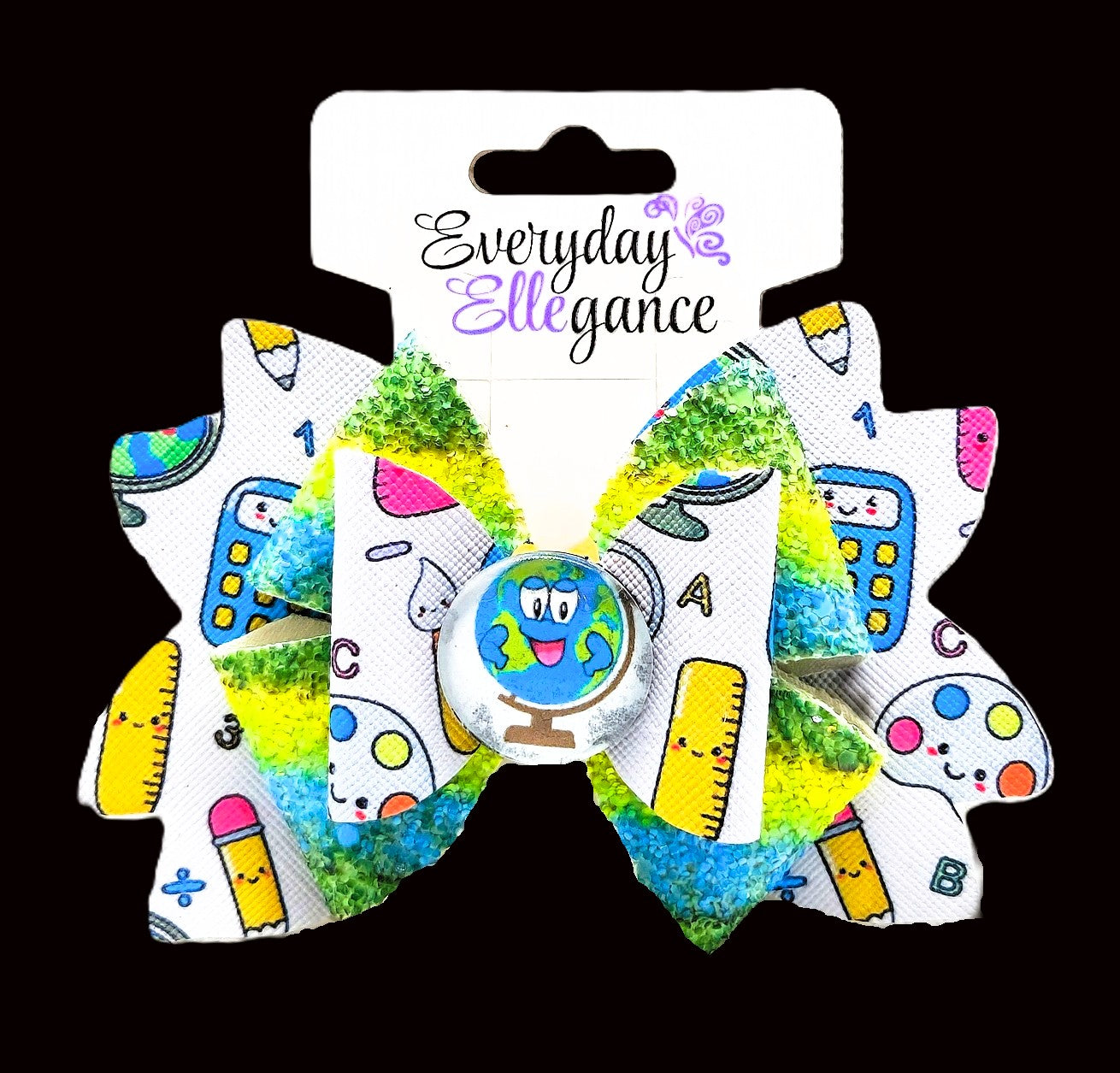 School Supply Glitter Pinwheel Bow with a Globe Cabochon Accent