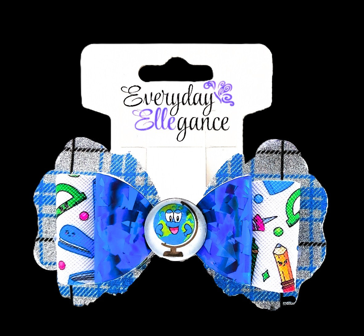 Holographic Glitter Plaid School Supply Bow with a Globe Cabochon Accent