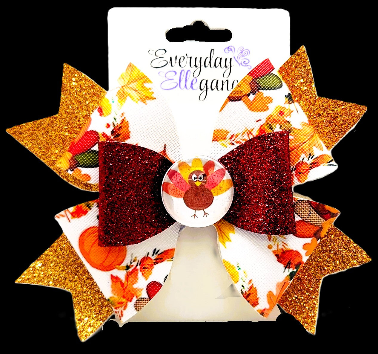 Thanksgiving Glitter Pinwheel Bow with a Turkey Cabochon Accent