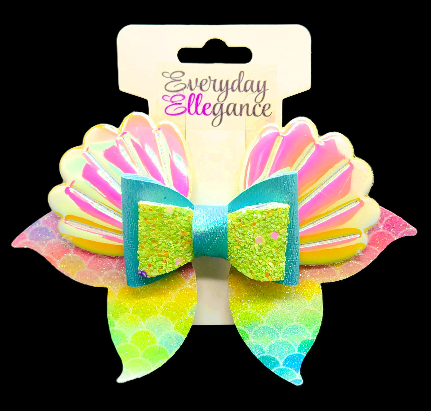 Seashells and Mermaid Tails Holographic Glitter Bow with Holographic Shell Accents