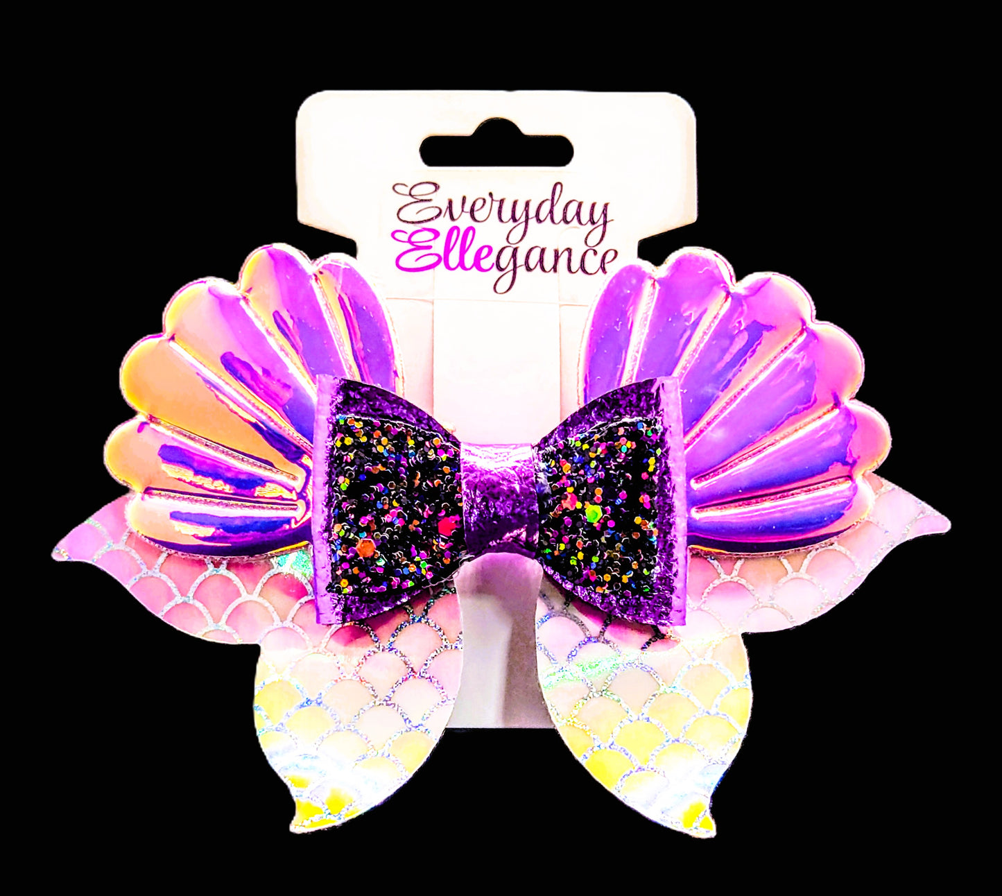 Seashells and Mermaid Tails Holographic Chunky Glitter Bow with Holographic Shell Accents