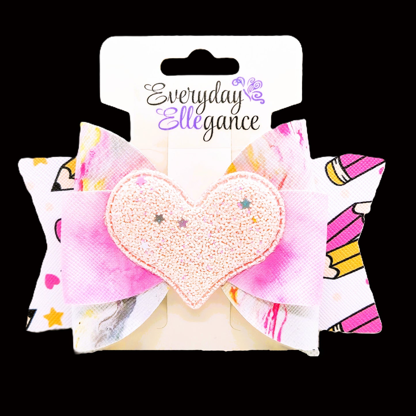 Tie Dye Pencil Bow with a Glitter Heart Accent