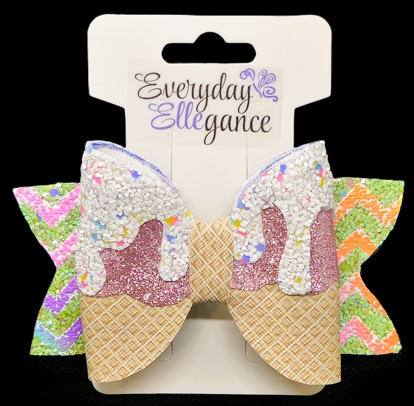 Strawberry Glitter Ice Cream Sugar Cone Bow with a Neon Chevron Back