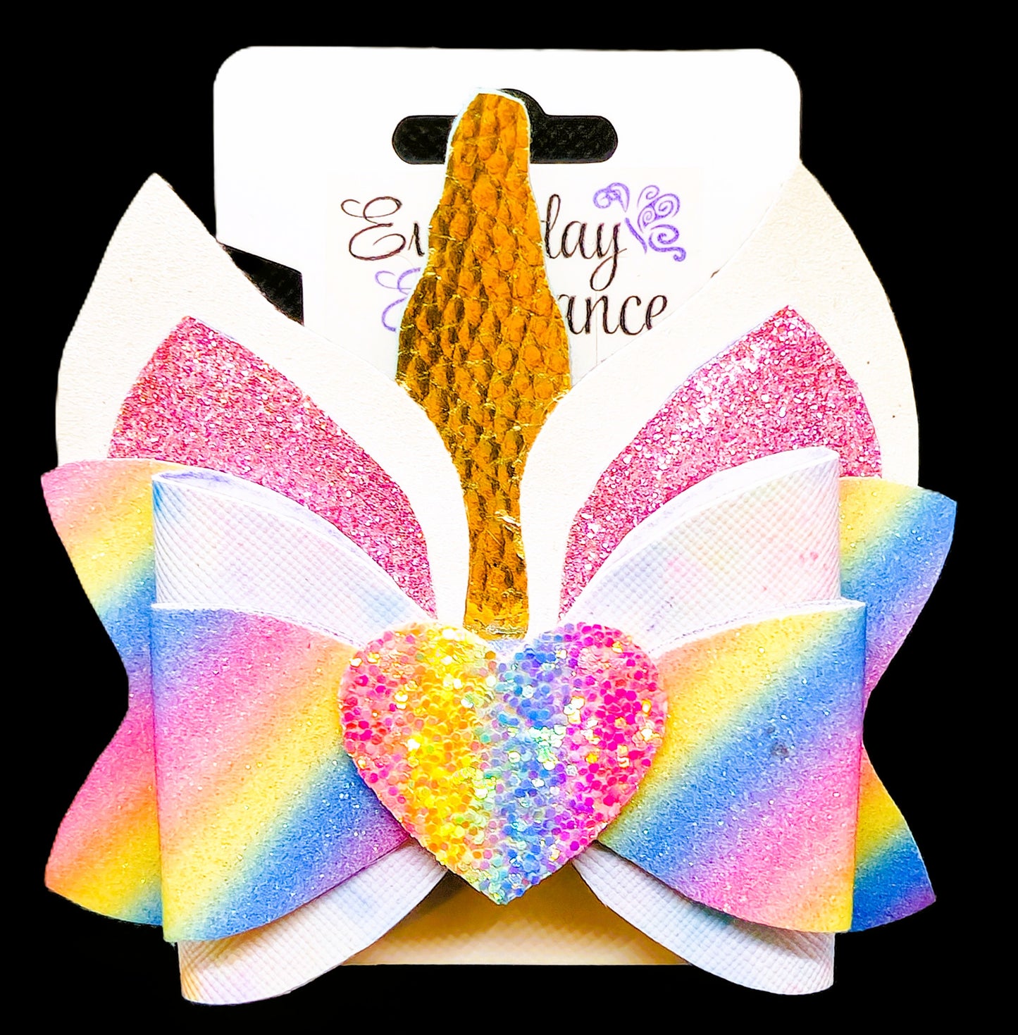 Glitter Striped Unicorn Horn Bow with Glitter Heart Accent
