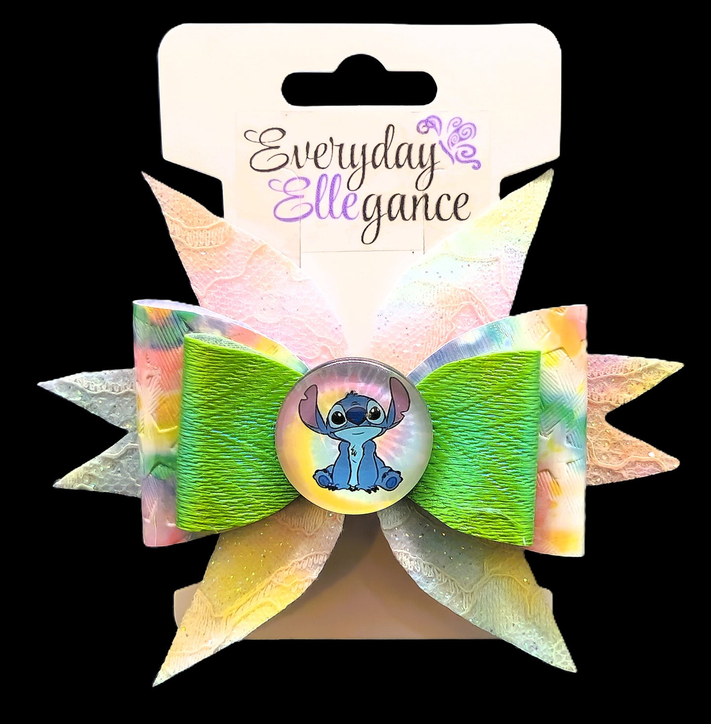 Tie Dye Stitch Glitter Bow with a Stitch Cabochon Accent