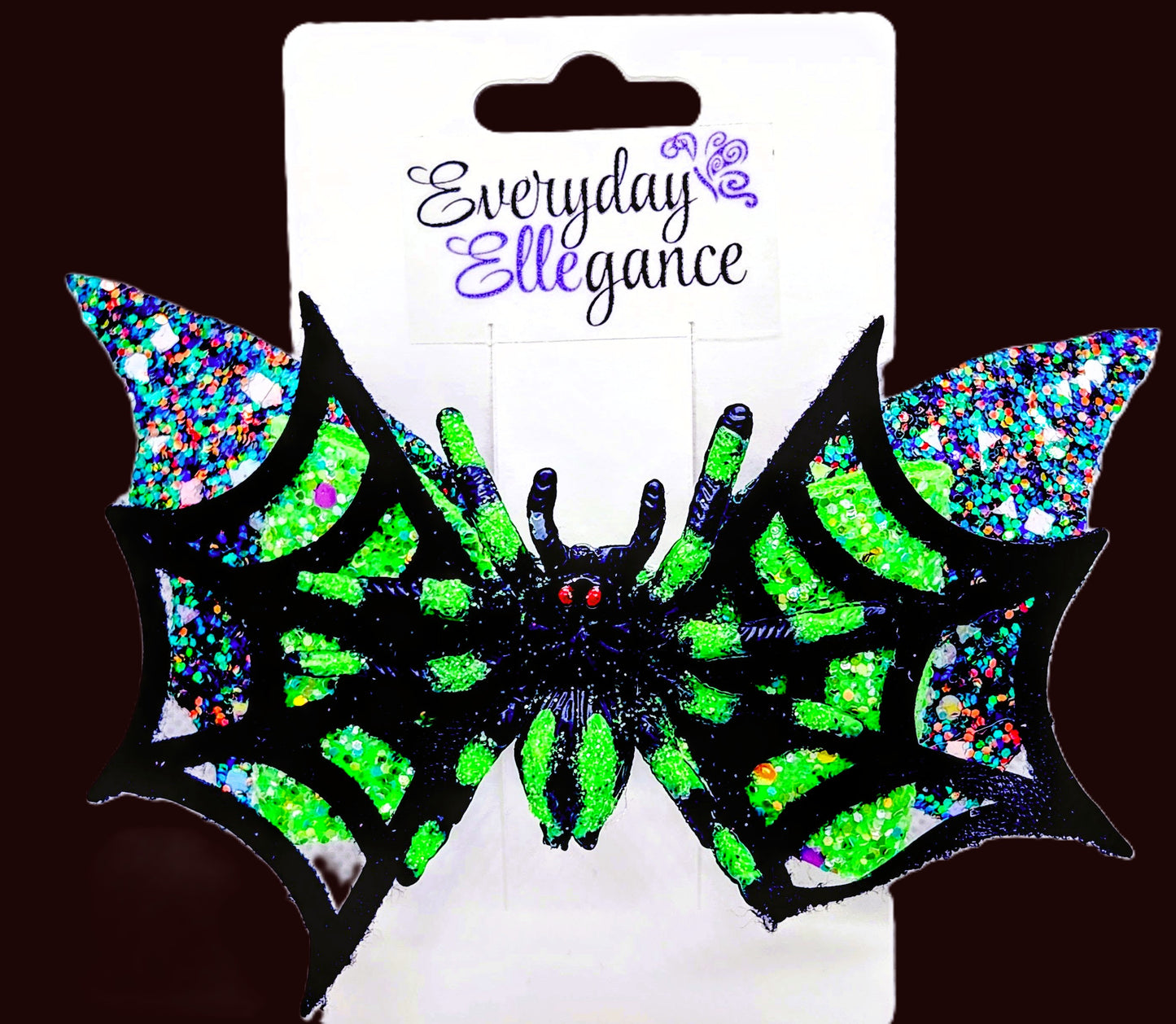 Halloween Glitter Bat Wings and Spider in a Web Bow with a Spider Accent