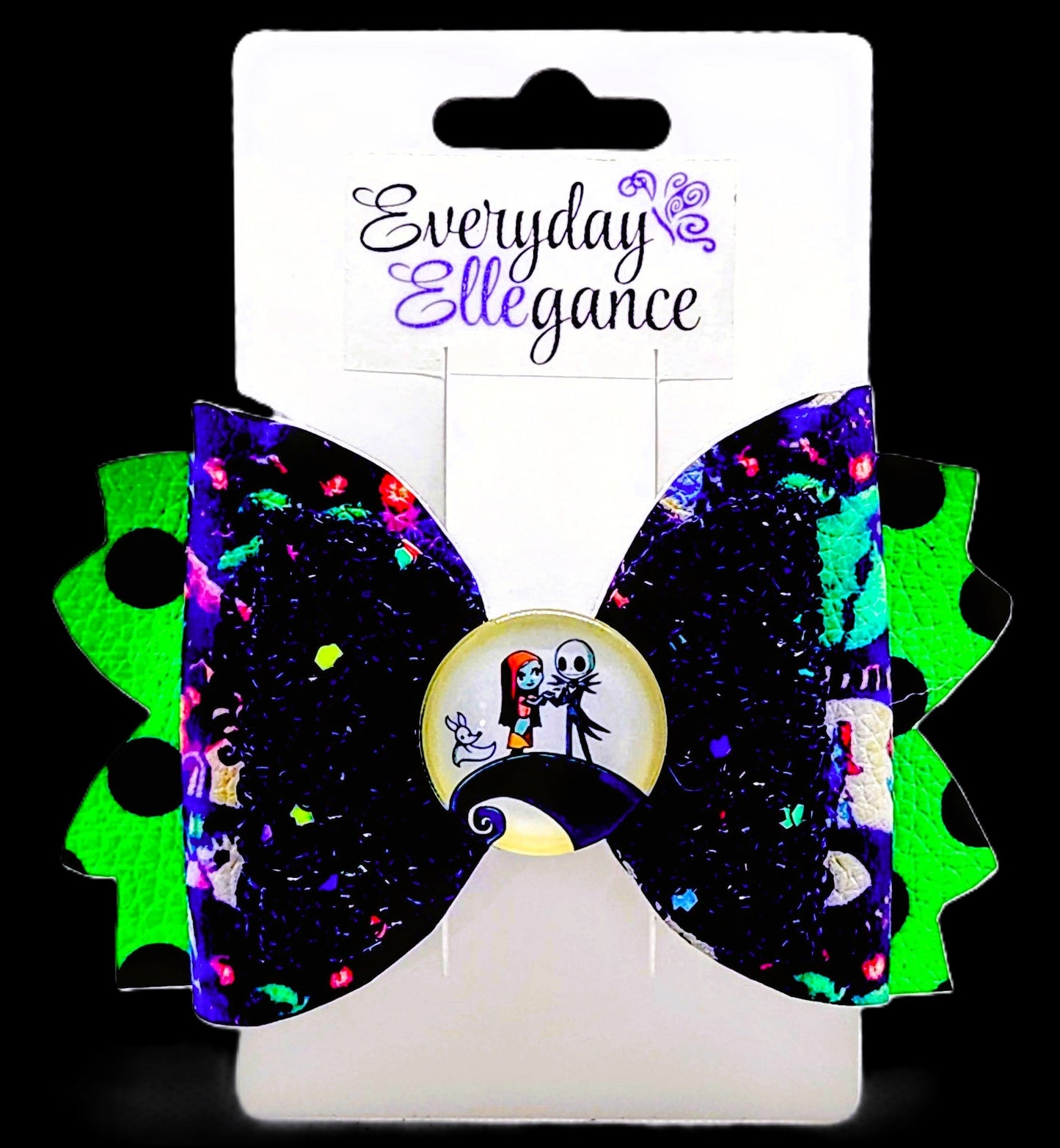 Jack and Sally Polka Dot Glitter Bow with a Glass Cabochon Accent