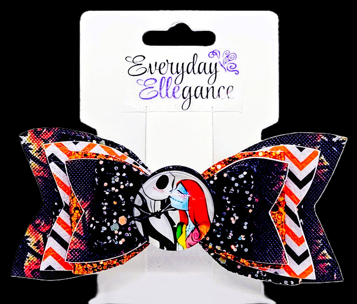Jack and Sally 6 Layered Glitter Bow with a Glass Cabochon Accent