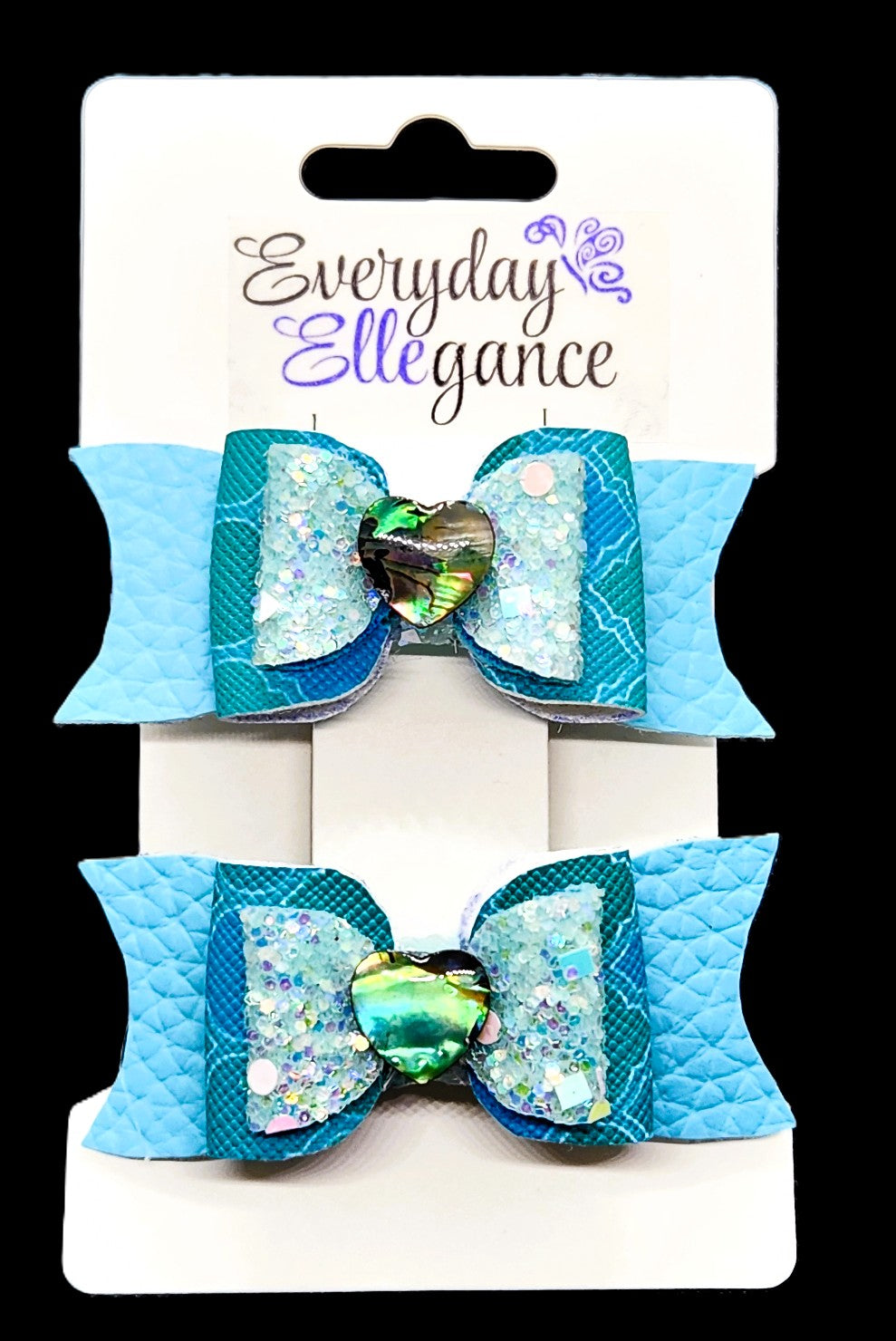 Patterned Glitter Bow Set with Abalone Shell Heart Accents