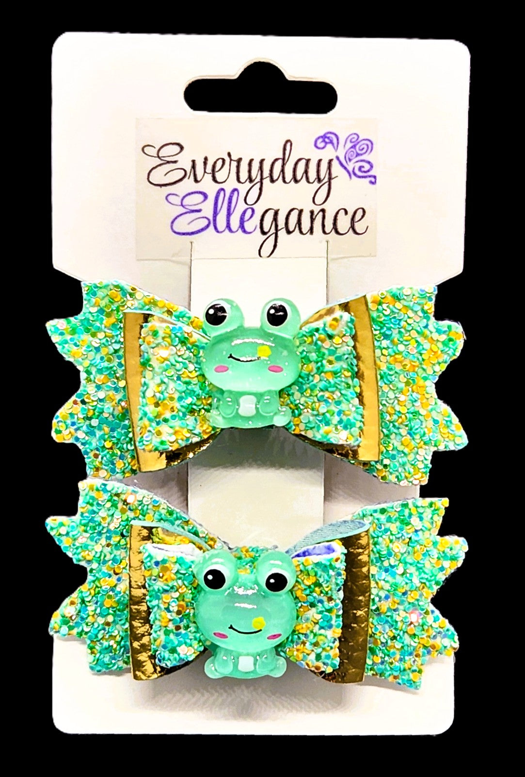 Metallic Glitter Bow Set with Frog Accents