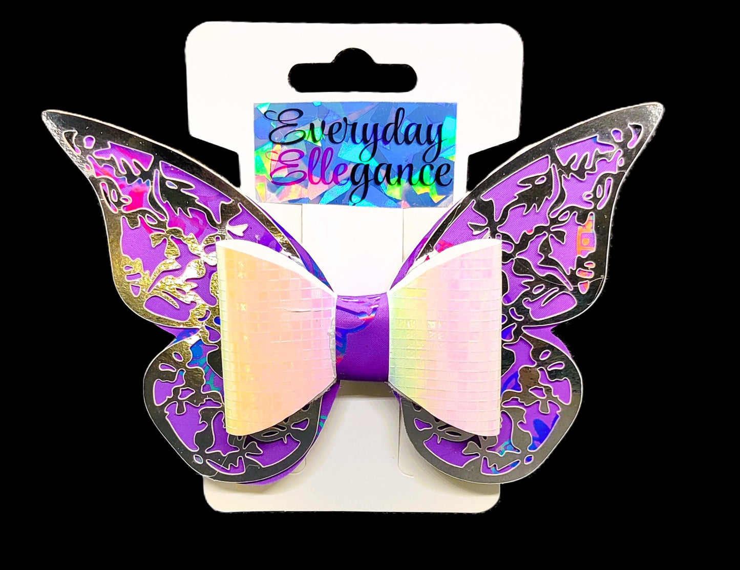 Holographic Butterfly Hairbow with a Metallic Butterfly Overlay