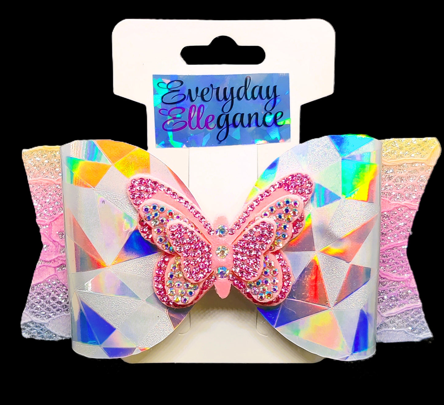 Holographic Glitter Hairbow with Jeweled Butterfly Accent