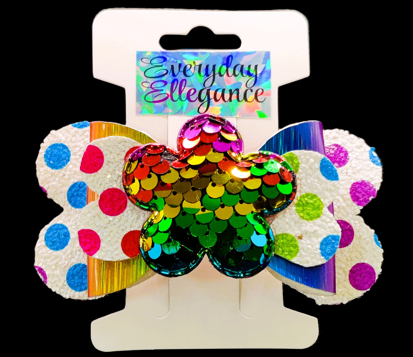 Glitter Rainbow Polka Dot Bow with a Sequin Flower Accent