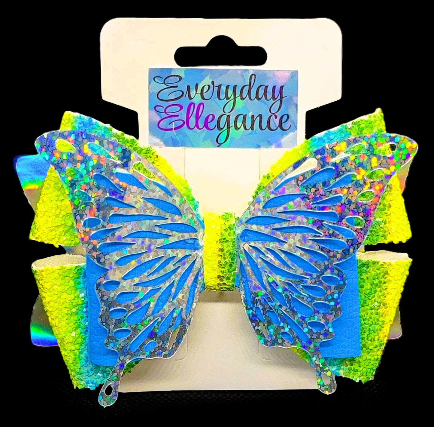 Glitter Pinwheel Bow with Laser Holographic Butterfly Accent