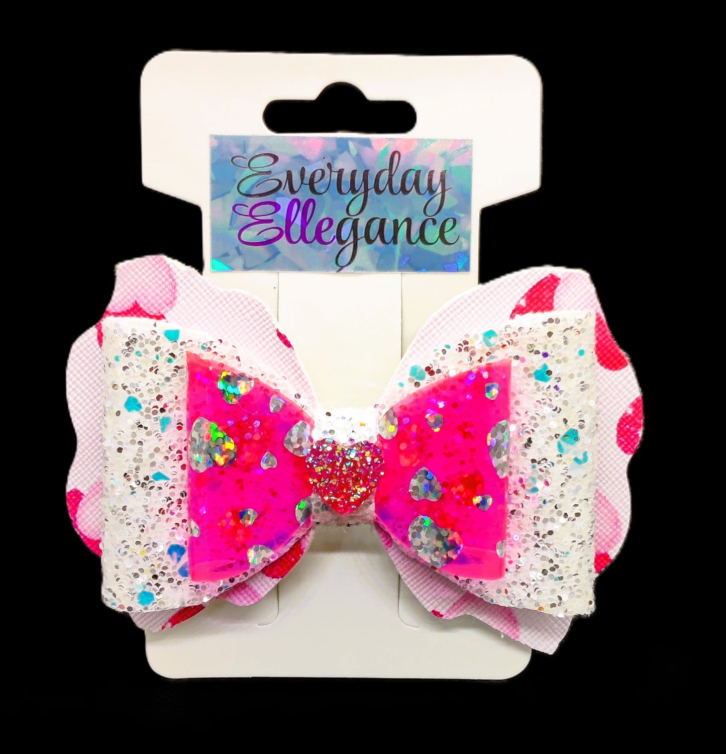 Holographic Hearts and Glitter Bow with a Glitter Heart Accent