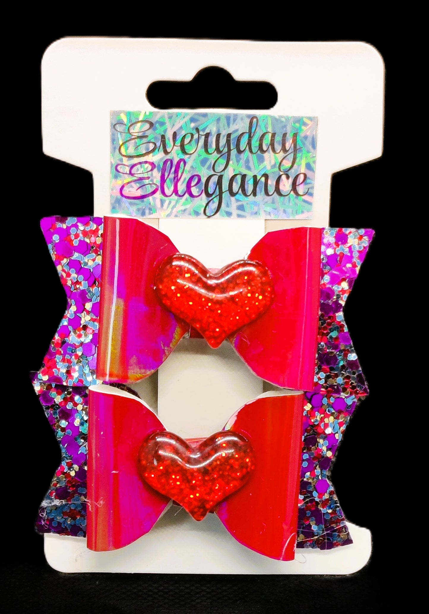 Color Shifting Glitter Bow Set with Sparkly Heart Accents