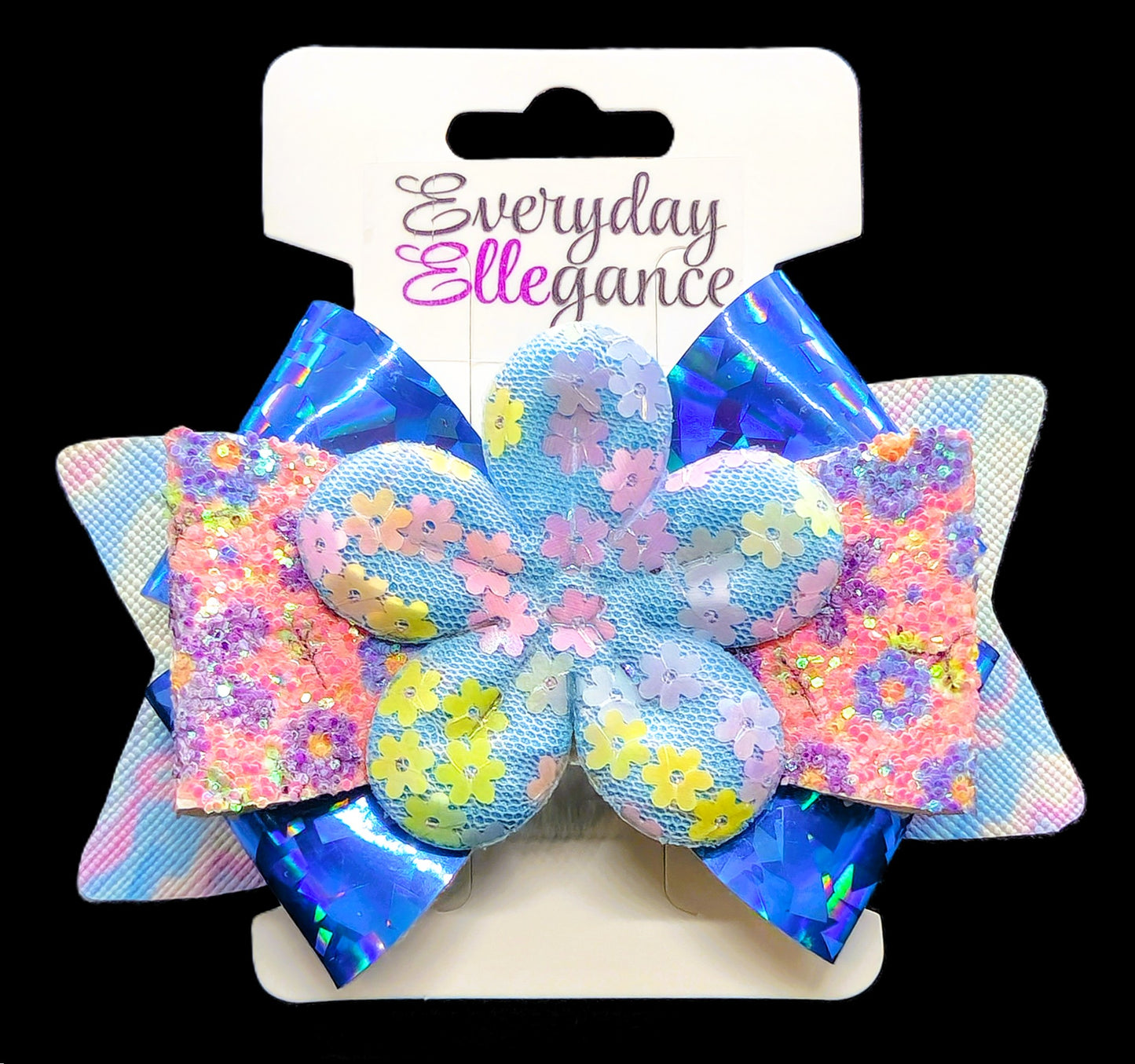 Holographic Glitter Pinwheel Bow with a Flower Accent