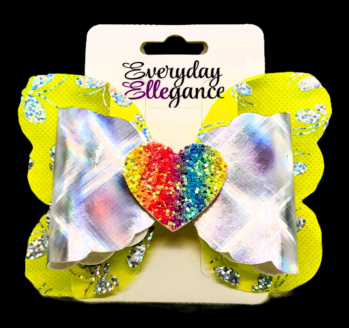 Holographic Butterfly Bow with a Glitter Heart Accent