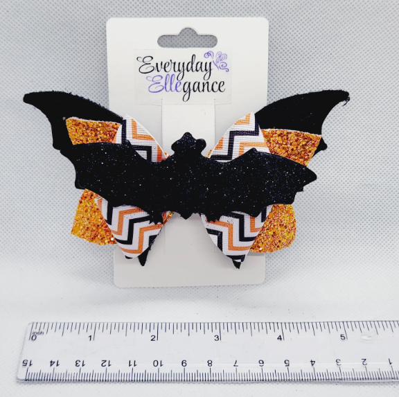 Halloween Chevron Striped Bat Bow with a Bat Accent