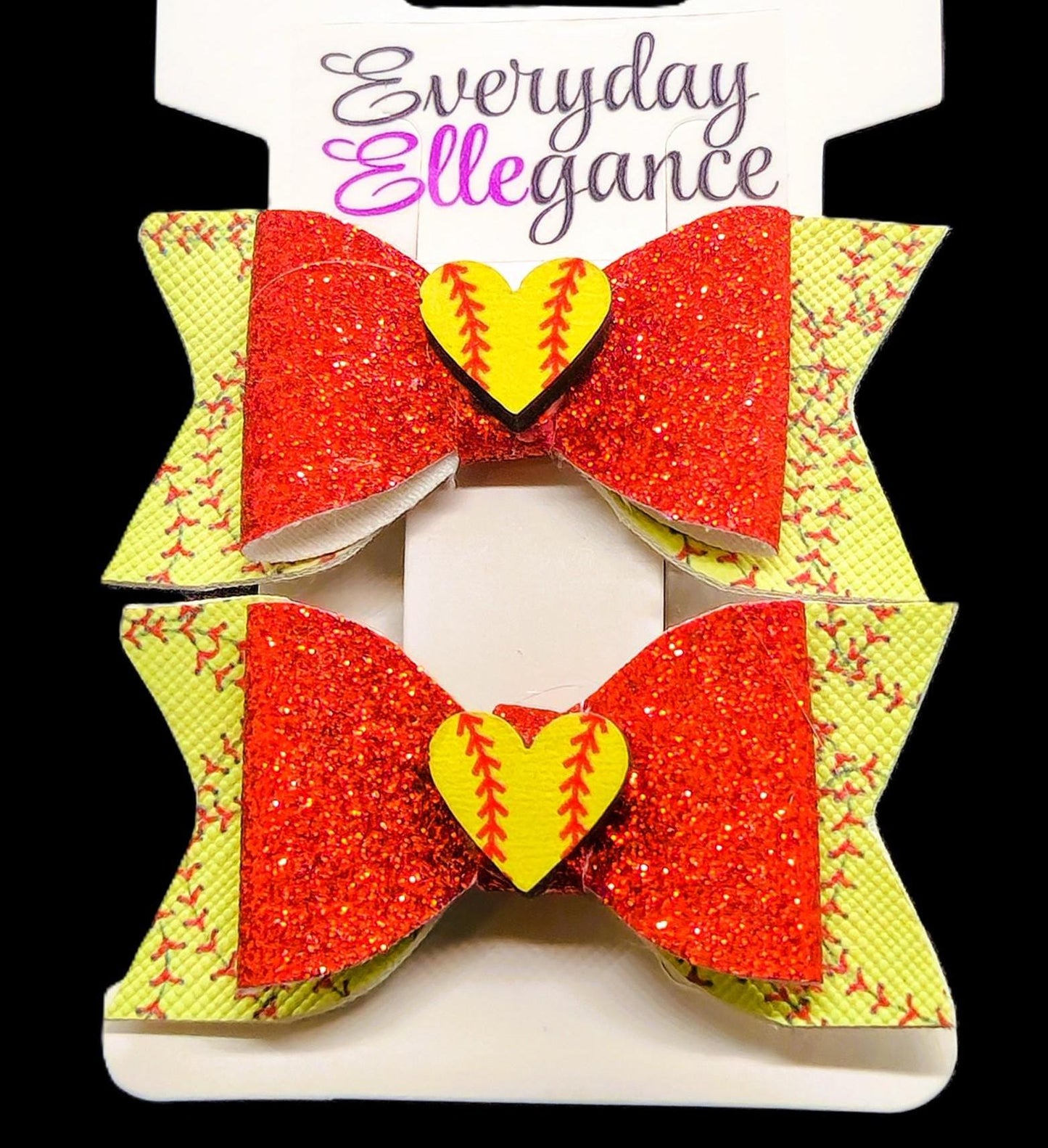 Glitter Softball Bows with Heart Softball Accents