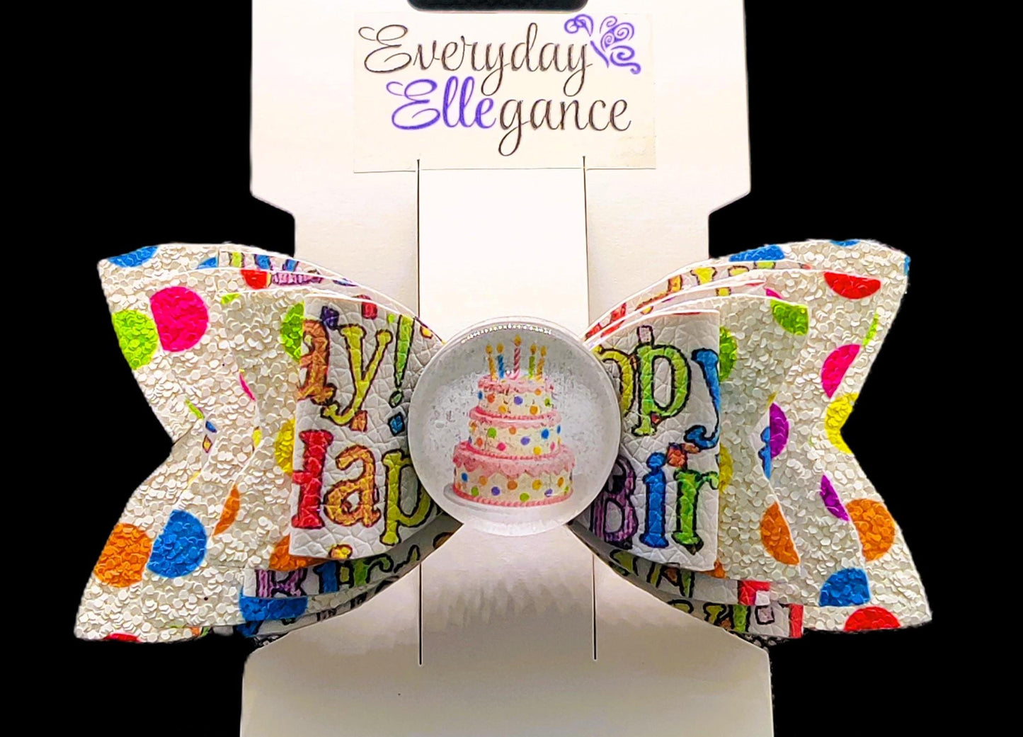 Glitter Polka Dot Birthday Bow with a Birthday Cake Cabochon Accent