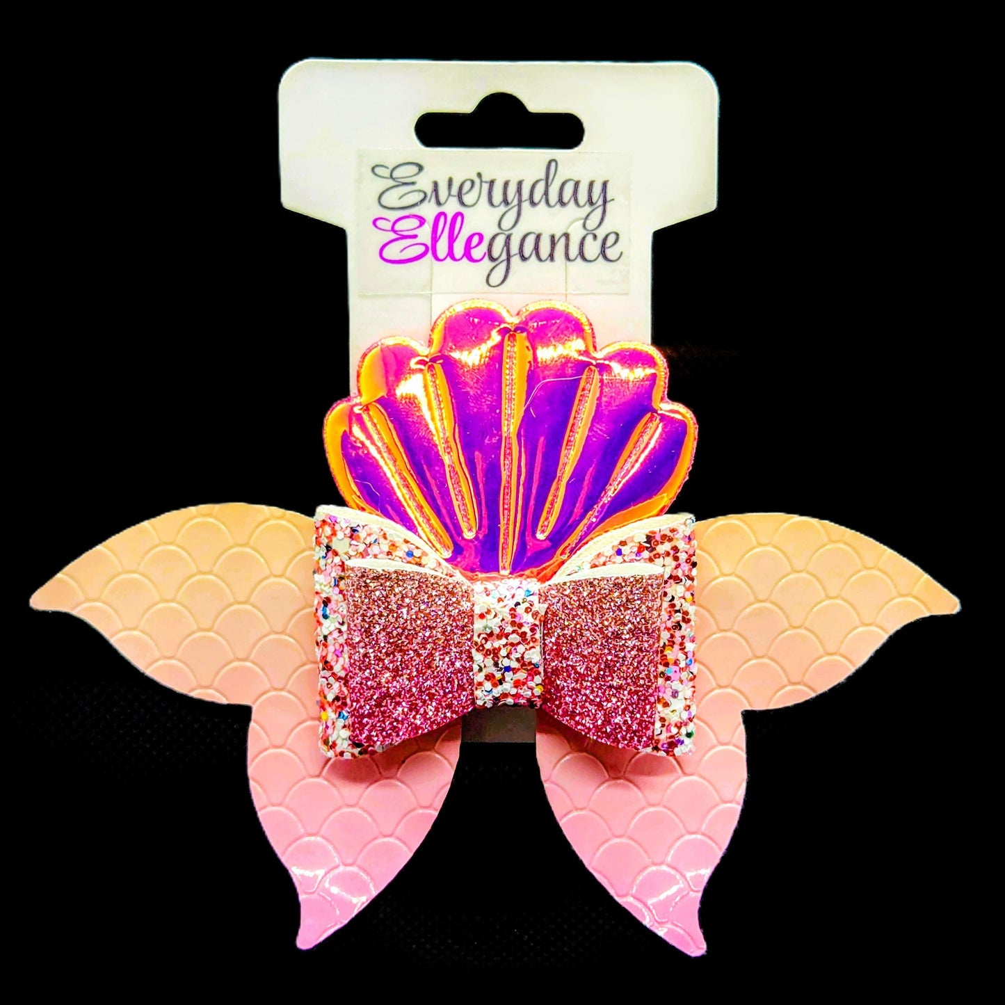 Seashell and Mermaid Tails Holographic Glitter Bow with a Holographic Shell Accent