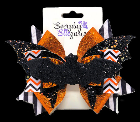 Halloween Glitter Chevron Pinwheel Bow with a Glitter Bat Accent