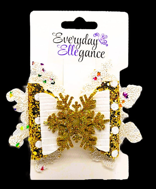 Winter Polka Dot and Confetti Glitter Snowflake Bow with a Gold Snowflake Accent