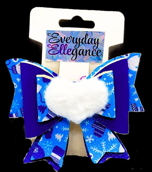 Winter Snowman Print Bow with a Fuzzy Heart Accent