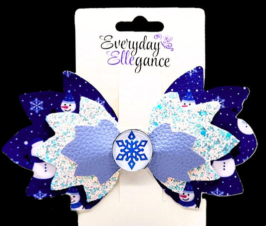 Winter Snowman Print Glitter Bow  with Snowflake Cabochon Accent