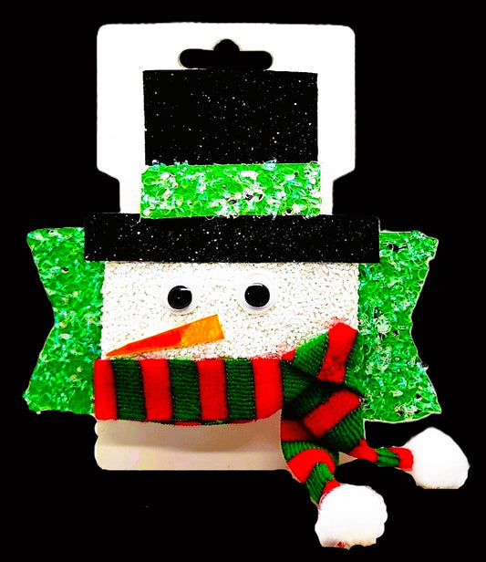 Winter Glitter Green Snowman Bow with Googly Eyes and a Scarf
