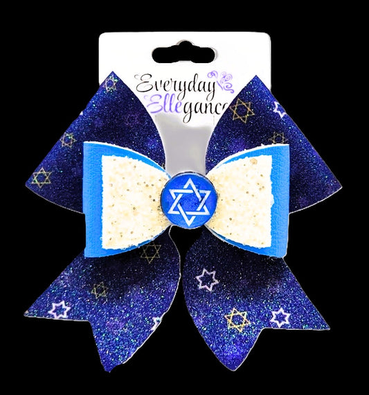 Hanukkah Print Glitter Bow with a Star of David Cabochon Accent