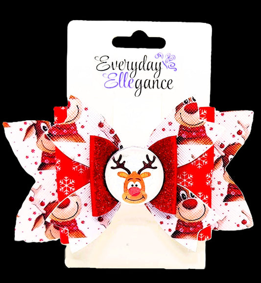 Christmas Rudolph Glitter Bow with Rudolph Cabochon Accent