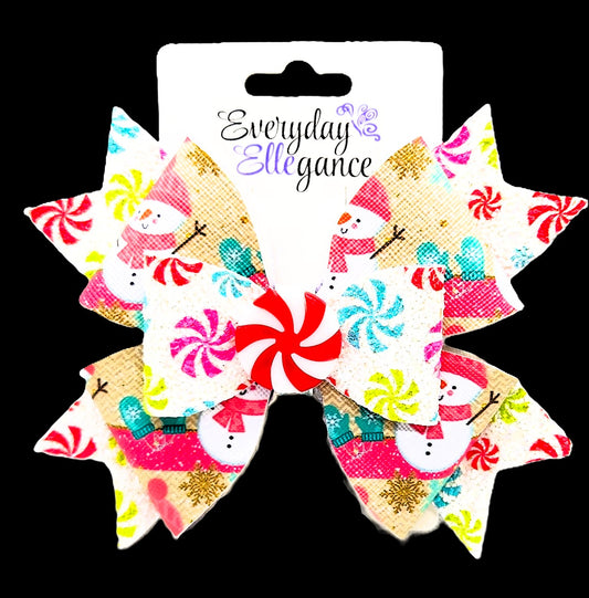 Snowman and Peppermint Swirl Glitter Pinwheel Bow with Candy Accent