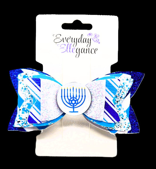 Striped Glitter Bow with a Menorah Cabochon Accent