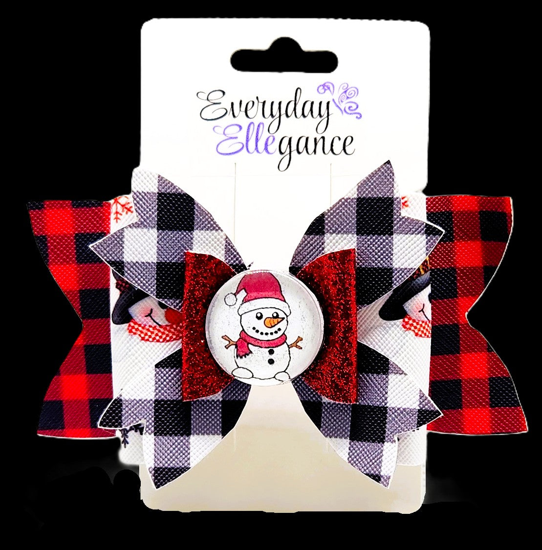 Snowman Plaid Glitter Bow with Snowman Cabochon Accent