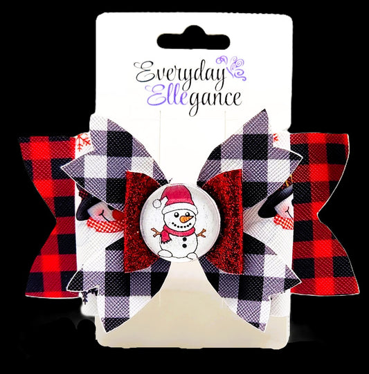 Snowman Plaid Glitter Bow with Snowman Cabochon Accent