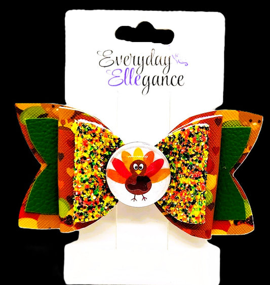 Thanksgiving Glitter Turkey Bow with a Turkey Cabochon Accent