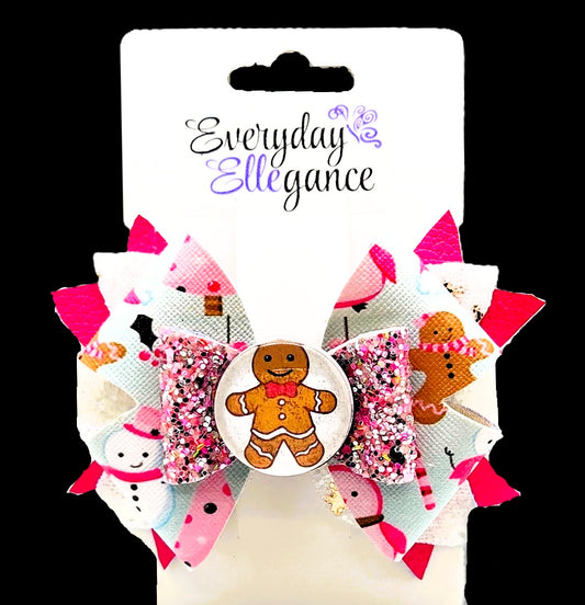 Snowman and Gingerbread Glitter Pinwheel Bow with a Gingerbread Cabochon Accent
