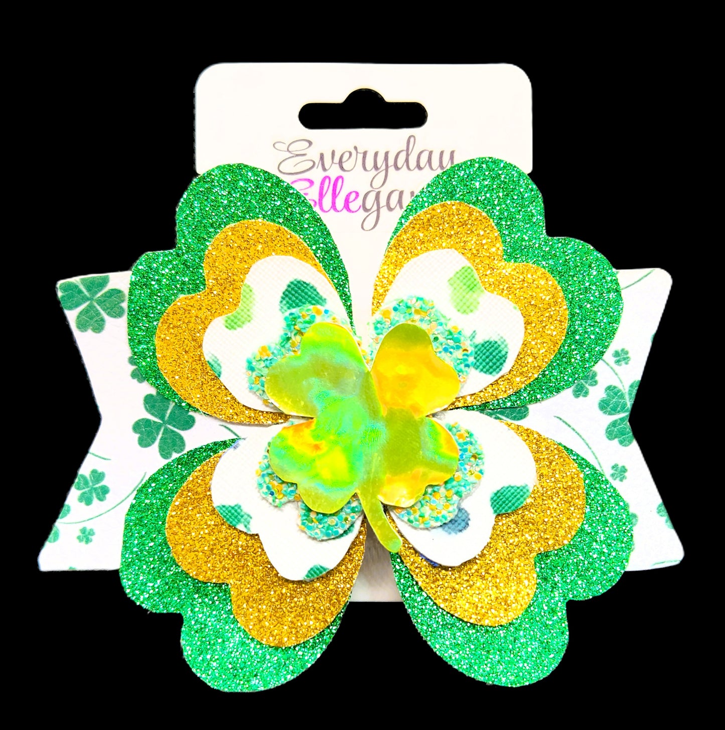 St. Patrick's Day Glitter 4 Leaf Clover Bow with a Holographic Clover Accent