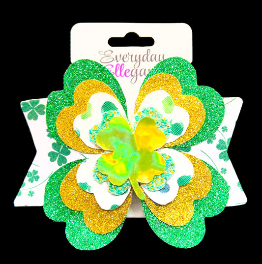 St. Patrick's Day Glitter 4 Leaf Clover Bow with a Holographic Clover Accent