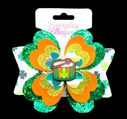 St. Patrick's Day Glitter 4 Leaf Clover Bow with an Irish Drum Accent