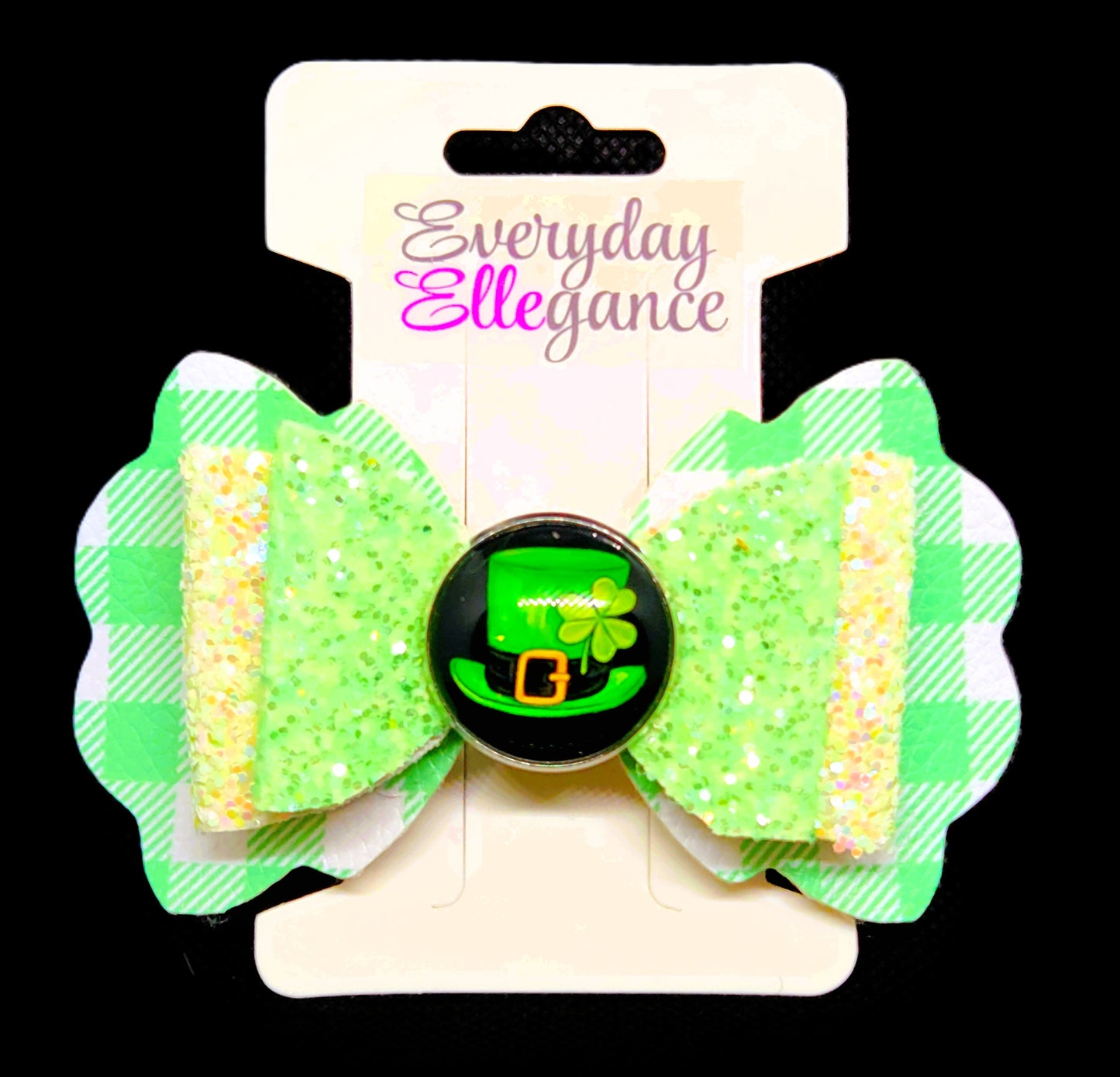 St. Patrick's Day Plaid Glitter Bow with a Glass Cabochon Top Hat Accent