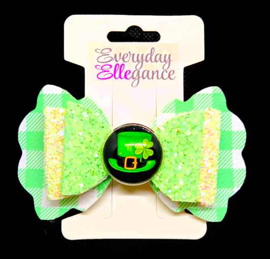St. Patrick's Day Plaid Glitter Bow with a Glass Cabochon Top Hat Accent