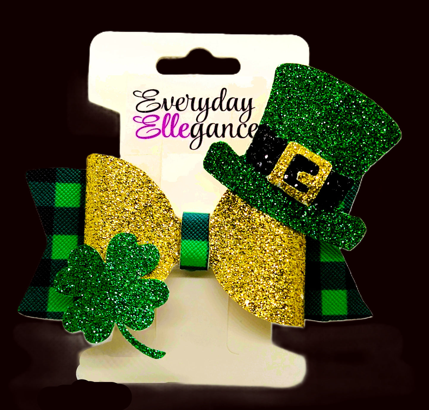 Plaid Glitter Bow with a Top Hat and 4 Leaf Clover Accents