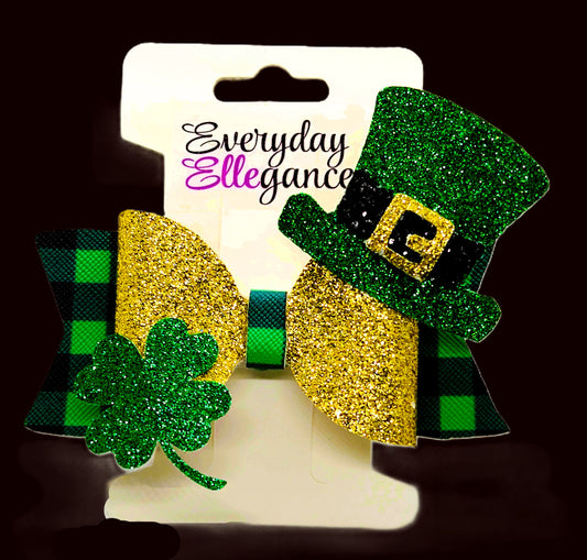 Plaid Glitter Bow with a Top Hat and 4 Leaf Clover Accents