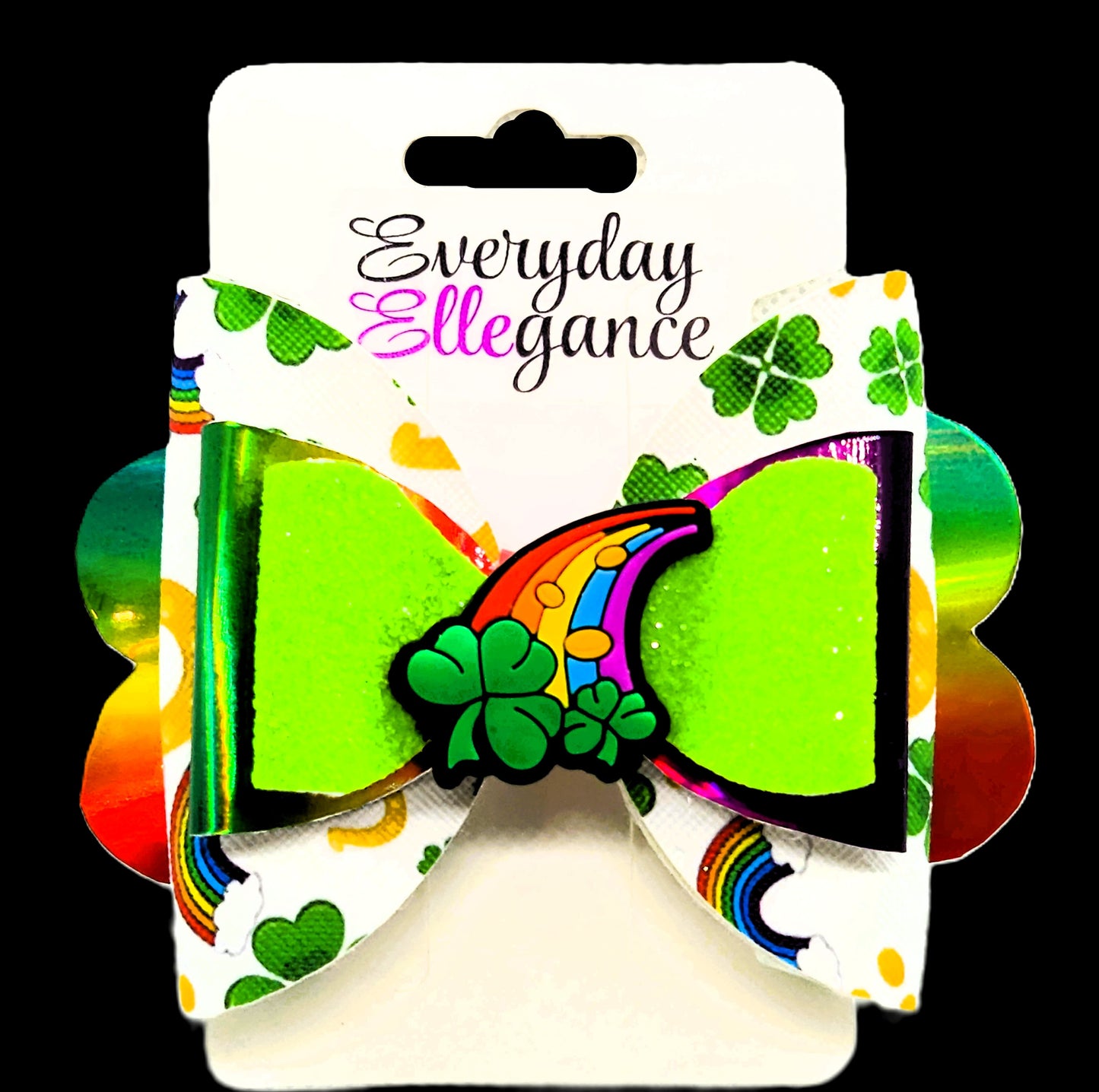 St. Patrick's Day Shamrock Print Holographic Glitter Bow with a Shooting Clover Accent
