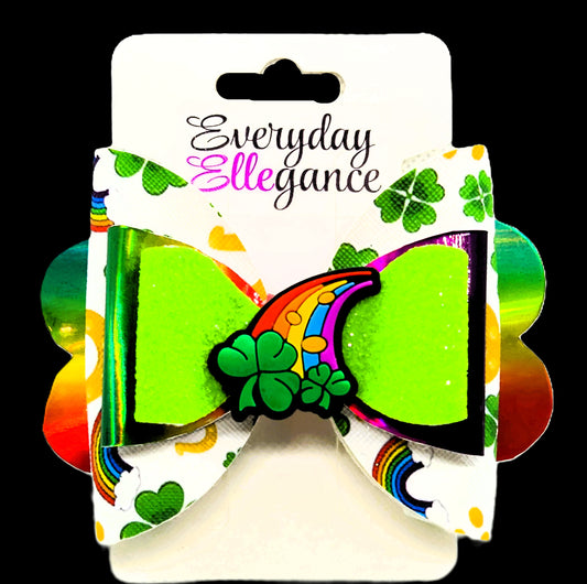 St. Patrick's Day Shamrock Print Holographic Glitter Bow with a Shooting Clover Accent
