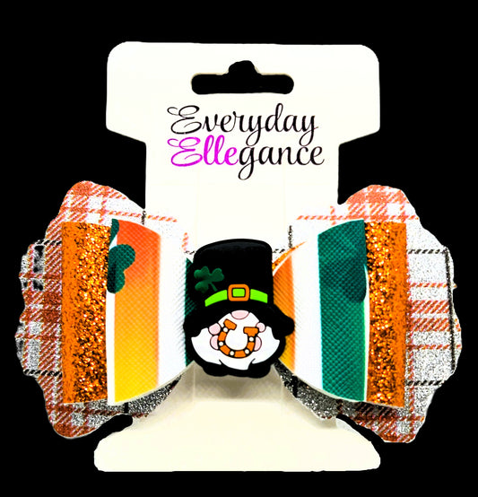 St. Patrick's Day Orange Glitter Plaid Bow with a Gnome Accent