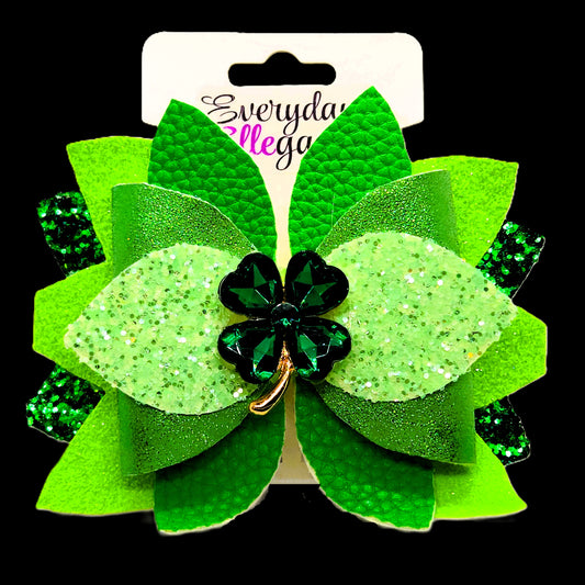St. Patrick's Day Bloomin Glitter Bow with Green Crystal Shamrock Accent